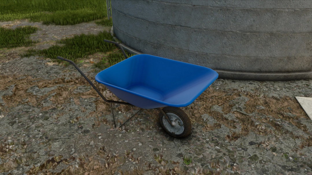 Blue wheelbarrow mod for Farming Simulator 25, highlighting realistic design and function.