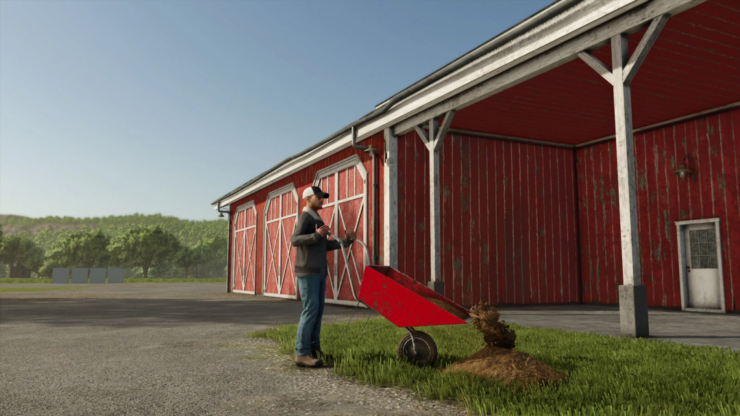 FS25 mod Wheelbarrows v1.0.0.0 featuring a farmer pushing a red wheelbarrow outside a barn.