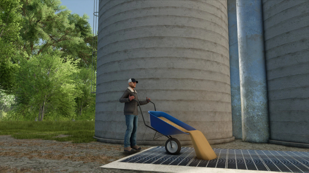 FS25 mods Wheelbarrows v1.0.0.0: person with a blue wheelbarrow unloading grain next to large silos in Farming Simulator 25.