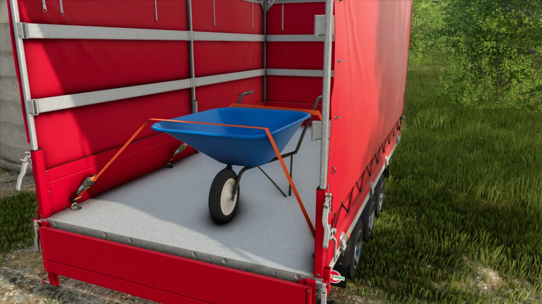 Blue wheelbarrow secured in a red trailer, featured in FS25 Wheelbarrows v1.0.0.0 mod.