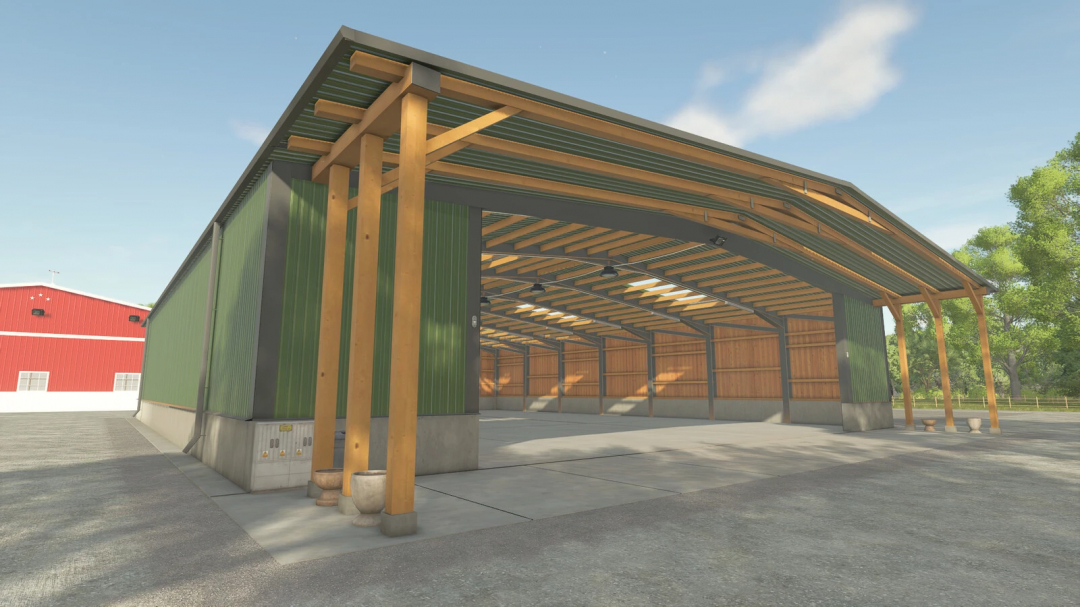 Wide Garage mod for FS25 featuring spacious green and wood structure, perfect for Farming Simulator 25 gameplay.