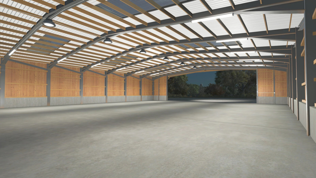 Interior of Wide Garage mod for FS25, showcasing a spacious, modern design with wooden walls and ample lighting.