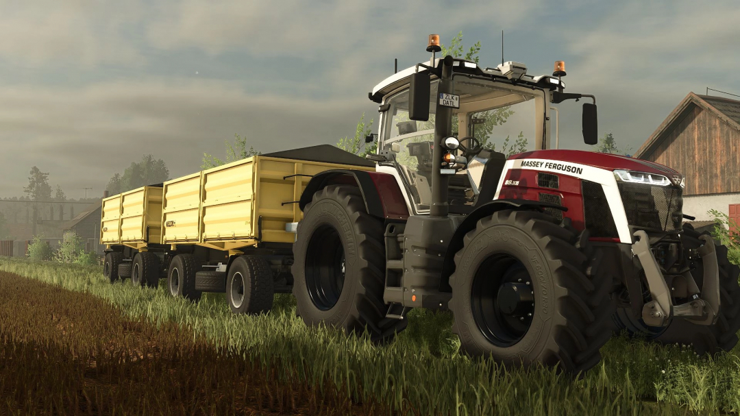 FS25 mod Wielton Pack v1.1.0.0 showing a Massey Ferguson tractor towing yellow trailers in a farm setting.