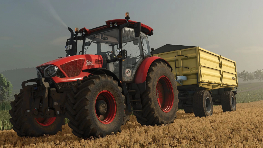 Wielton Pack v1.1.0.0 for Farming Simulator 25: Red tractor with yellow trailer on a field, featuring FS25 mods.