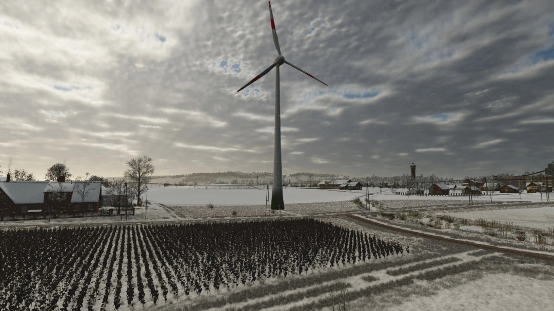 Wind turbine in snowy landscape from FS25 Wind Turbine Package mod.