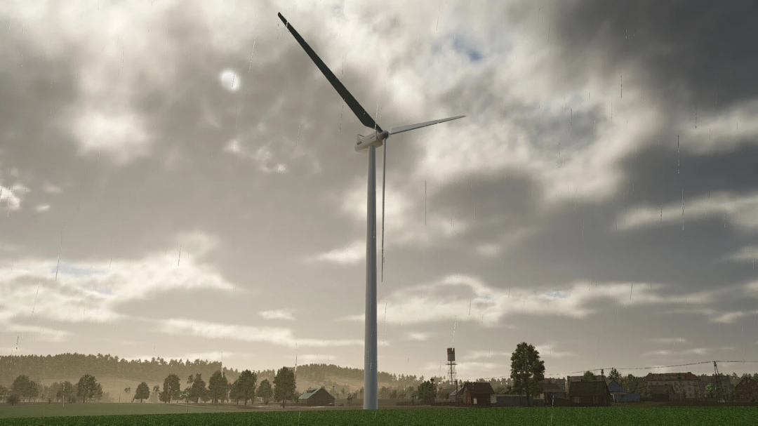 Wind turbine in a rainy landscape, part of Wind Turbine Pack v1.0.0.0 for FS25 mods, Farming Simulator 25.