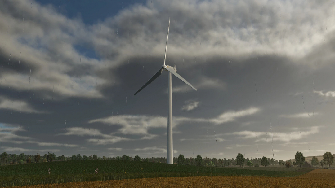 Wind Turbine in a field during rainy weather, part of FS25 mods in Farming Simulator 25.