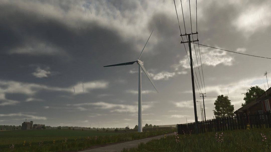 Wind Turbine Pack mod in FS25, showing a turbine in a rural landscape under cloudy skies.