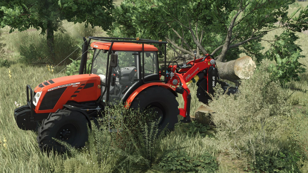 Zetor Proxima 2016 tractor mod in FS25, working in a dense forest area.