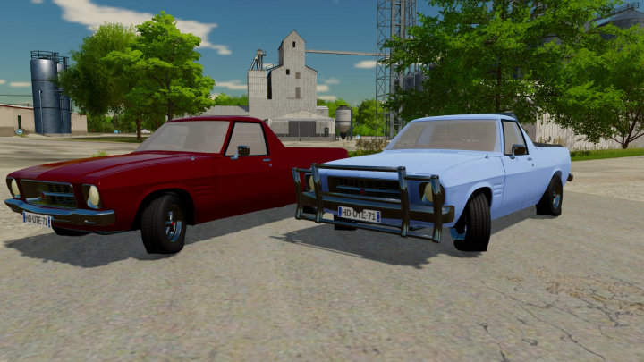 fs22-mods, FS22 mods: 1971 Holden Belmont HQ in red and blue, parked in Farming Simulator 22 setting.