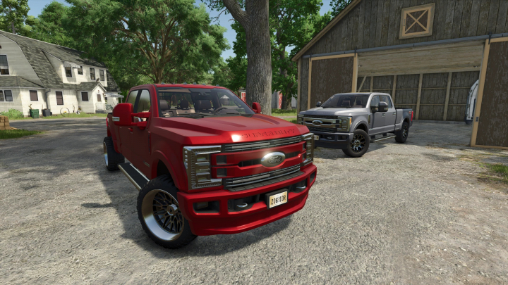 fs25-mods,  FS25 mods - Red 2019 F250 Limited next to a barn in Farming Simulator 25.