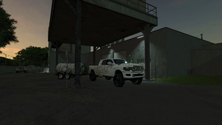 fs25-mods,  2024 Dodge Ram 2500 Mega Cab in FS25 with a trailer at industrial site. FS25 mods, Farming Simulator 25 mods.