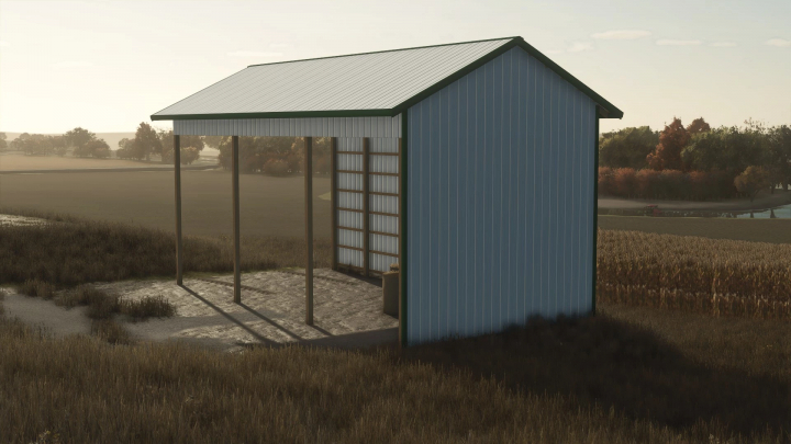 fs25-mods,  25x45 Hay Shed mod for FS25, showcasing a large open shed in a rural landscape.