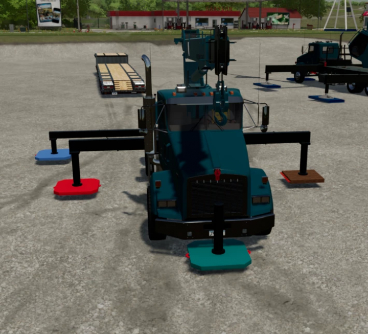 fs22-mods,  FS22 mod AR Crane Bodies v1.0.0.0 featuring a teal crane truck with stabilizers extended, displayed in a farm setting.