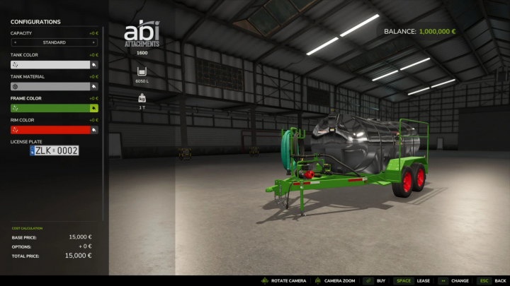 fs25-mods,  FS25 All Liquids Trailers v1.0.0.4 mod showing customizable tank and frame options in a virtual garage.