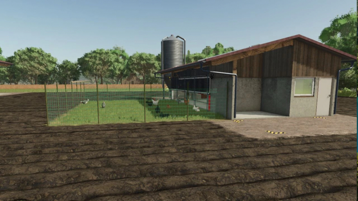 fs25-mods,  Animal Stable Pack v1.0.0.0 for FS25, featuring a modern animal stable and fenced yard with chickens in a farm setting.