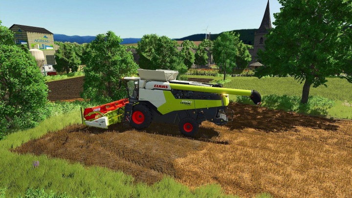 fs25-mods,  FS25 mod Au Fil des Saisons features a CLAAS Lexion harvester in a vibrant farm setting.