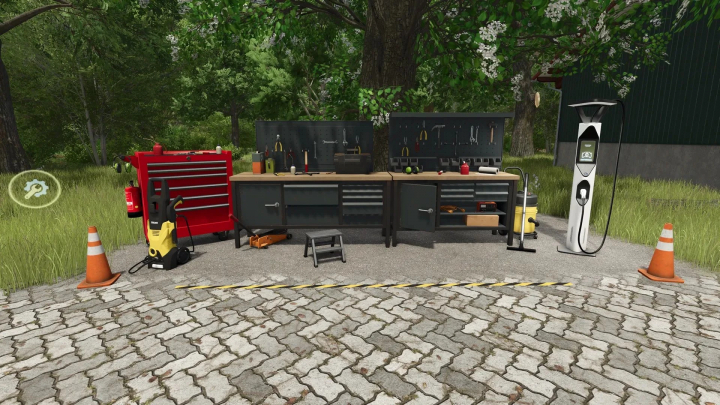 fs25-mods,  FS25 mods: Automated multifunctional workshop v1.0.0.3 with tools, cabinets, and charging station in a forest setting.