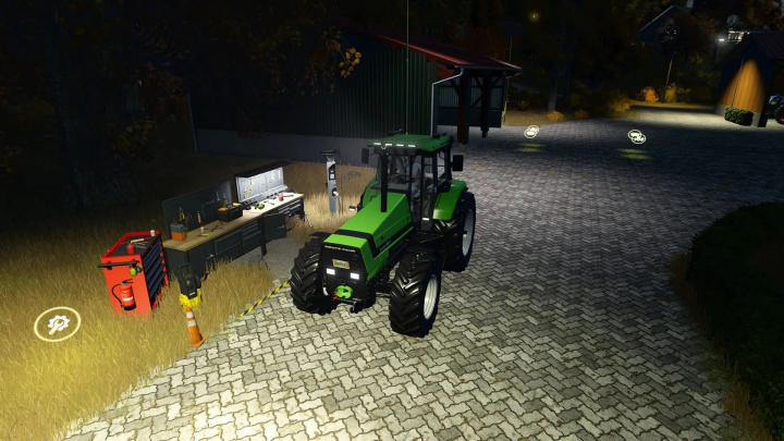 fs25-mods,  Tractor next to workshop tools at night in FS25 mod Automated multifunctional workshop v1.0.0.4.