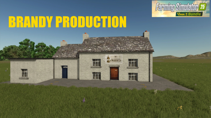 fs25-mods, BRANDY PRODUCTION mod for FS25 showing a distillery building in a grassy field.