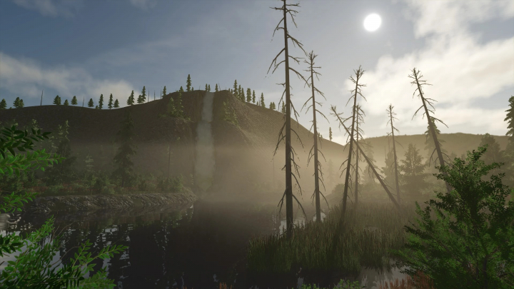 fs25-mods,  FS25 Back Country V1.0.0.0 mod image showing misty forest and waterfall under a bright sun.