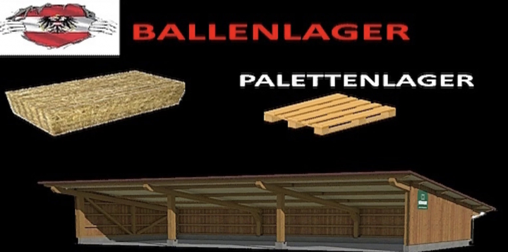 fs25-mods,  FS25 mod Bale pallet storage V1.0.0.2 showing a barn with hay bale and pallet icons against a black background.