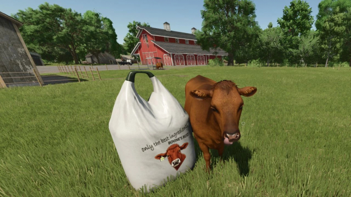 fs25-mods,  FS25 mod Bovine's Best TMR Big Bag Cow Food next to a cow in a grassy field with a barn in the background.