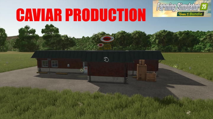 fs25-mods, Caviar Production mod in FS25 with building and logo, showcased in Farming Simulator 25 Year 1 Bundle.