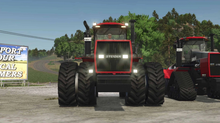 fs25-mods,  Front view of Case IH QT Steiger tractor mod in FS25, showcasing its robust design, with a 'Support Our Local Farmers' sign in the background.