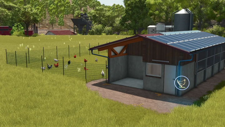 fs25-mods,  FS25 mod chicken coop with wooden facade, solar panels, and fenced area with chickens.