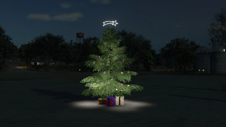 fs25-mods,  FS25 Christmas Pack mod featuring a decorated tree with lights and gifts in Farming Simulator 25.