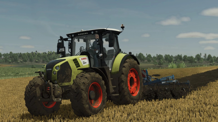 fs25-mods, Claas Arion 610-660 tractor plowing field in FS25 mod.