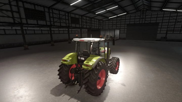 fs25-mods, Claas Atles 900RZ tractor mod in Farming Simulator 25, showcasing detailed design and functionality in a warehouse setting.