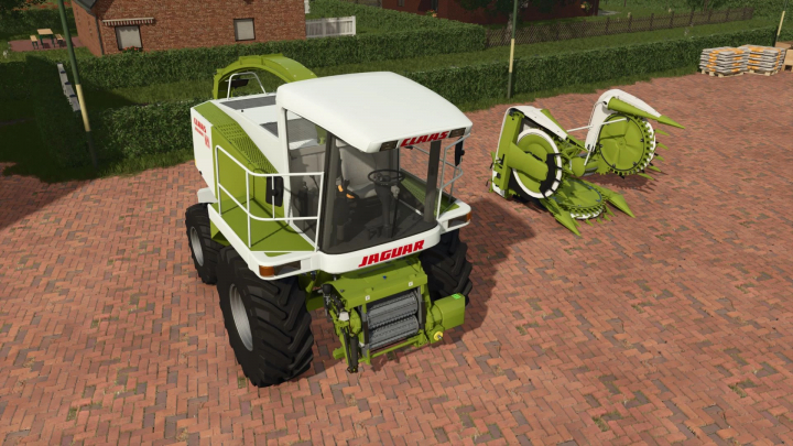 fs25-mods, Claas Jaguar 800 harvester mod in FS25, showcasing detailed machinery on brick pavement.