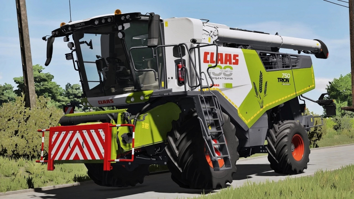 fs25-mods,  Claas Trion 700 Series harvester mod in FS25, showcasing vibrant design on a rural path.