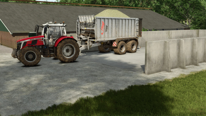 fs25-mods,  Tractor with loaded trailer near cowshed in FS25 Cowshed Pack mod.