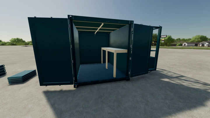 fs22-mods, FS22 mod Crane Accessories v1.0.0.0 showcasing an open shipping container with a workbench inside.