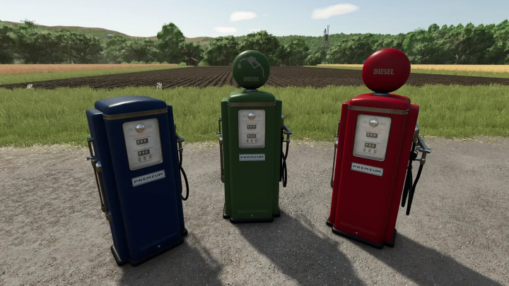 fs25-mods,  FS25 Diesel Station mod with vintage gas pumps in blue, green, and red.