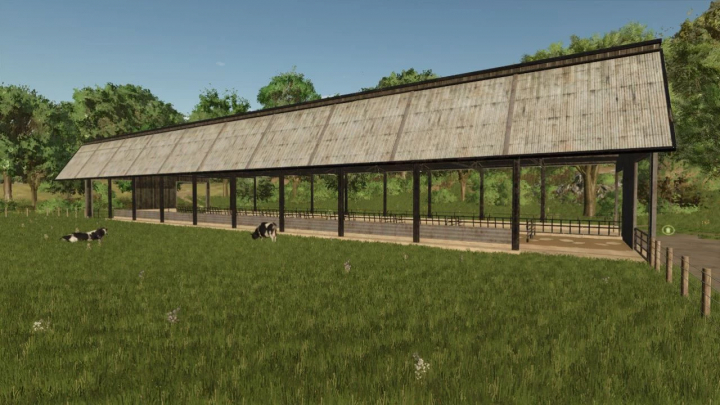 fs25-mods,  Farming Simulator 25: Enclosure for 150 dairy cows mod v1.0.0.0, featuring a large barn in a grassy field.