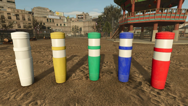 fs25-mods,  FS25 European Self-Releasing Beacon mod showcasing five colored beacons placed on dirt ground.