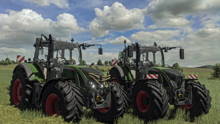 fs25-mods, FS25 Fendt 700 SCR tractors in Farming Simulator 25 mod. Green tractors in a grassy field under cloudy skies.