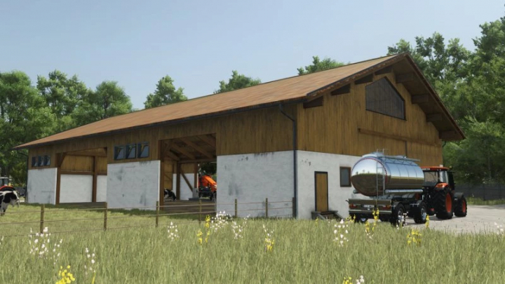 fs25-mods,  FS25 German Cow Barn mod in Farming Simulator 25, showcasing a realistic barn with vehicles, surrounded by greenery.