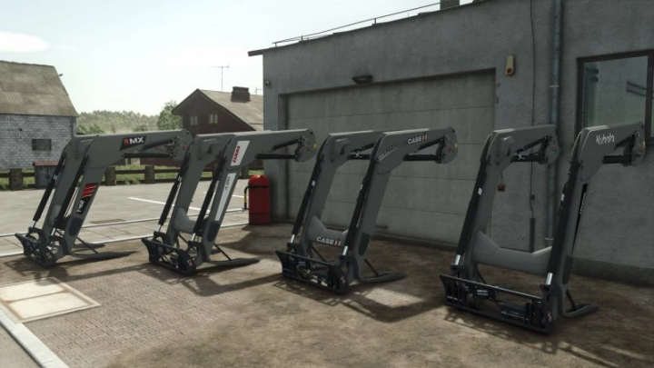 fs25-mods,  FS25 Mx t412 FL120 mod showing four front loaders in a row for Farming Simulator 25.