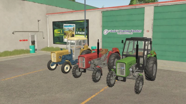 fs25-mods,  FS25 Ursus C355/360 mod showcases three tractors in different colors, parked in front of a garage. Farming Simulator 25 mods.