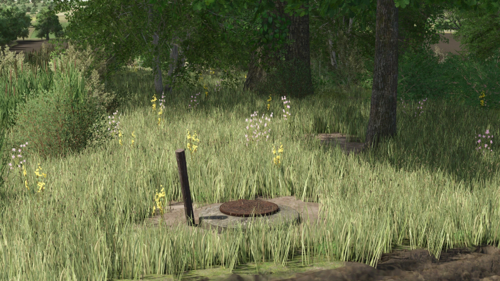 fs25-mods,  Lush grassy area with a closed manhole in Farming Simulator 25's Farm Decoration Pack mod.