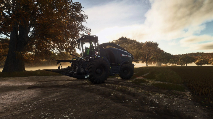 fs25-mods,  Fendt Katana Black Beauty mod in FS25 on a misty field, showcasing its design.