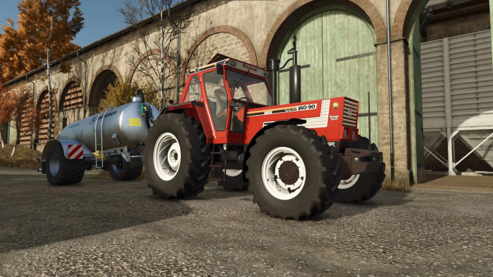 fs25-mods,  Fiatagri Series 90 Tractor mod in FS25 game, version 1.0.0.1, with a red design parked near a barn.