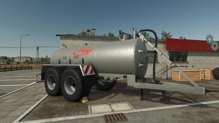 fs25-mods,  Fliegl VFW 14000 mod showcased in Farming Simulator 25, featuring a large silver tank trailer.