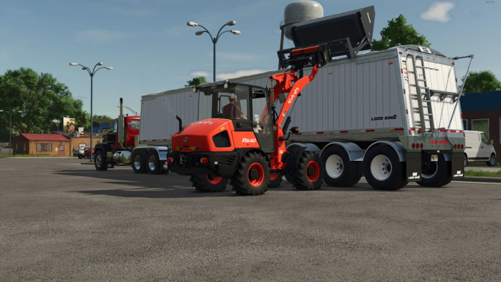 fs25-mods, FS25 mod: Front Loader to Skidsteer Adapter in use, lifting material into a trailer. Farming Simulator 25 mods.