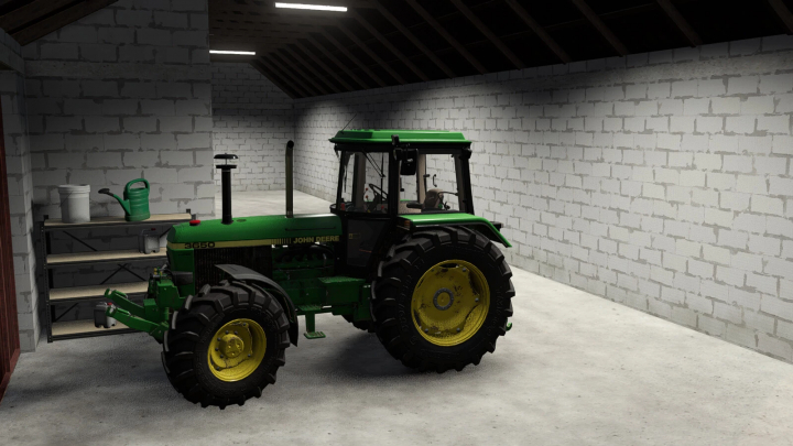 fs25-mods,  FS25 mod image of a tractor inside a garage with sliding doors, showcasing Farming Simulator 25's realism.